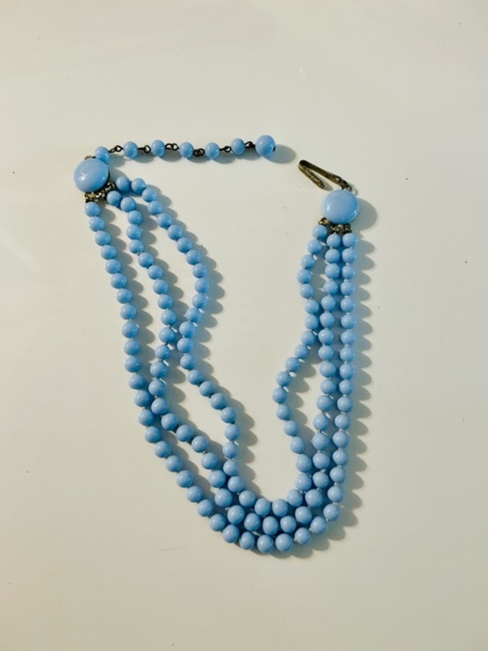 VTG Japan Pastel Periwinkle Triple-Strand Glass Beaded Necklace EUC Dainty Fem